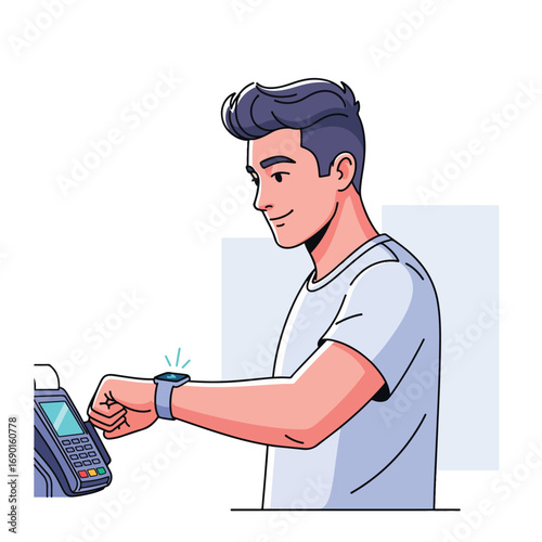 A man wearing a smartwatch is making a contactless payment at a terminal.