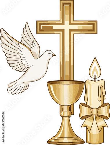 Golden Cross, Chalice, White Dove, and Candle – Catholic Communion Symbols Vector Illustration