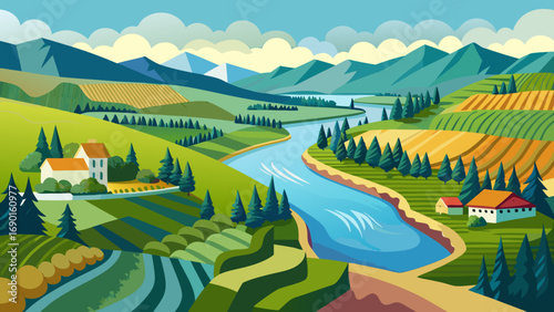 Vector art of picturesque landscape with river flowing through green fields and mountains