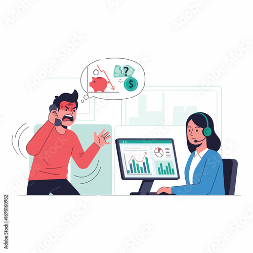 An angry customer complains about financial losses to a calm customer service representative analyzing data on a computer.
