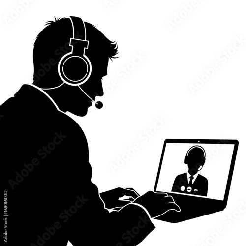 man on video call with headphones