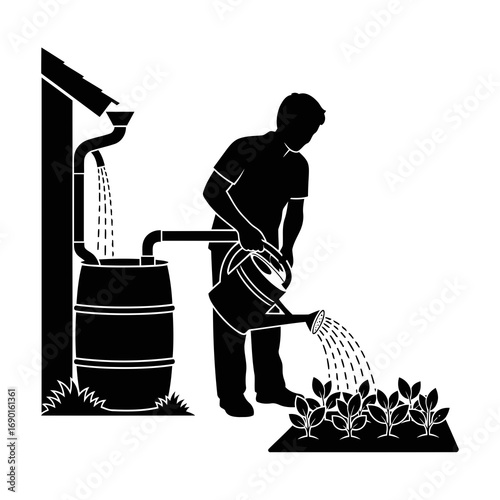 Silhouette of a Person Watering Plants Using Collected Rainwater
