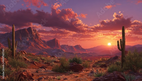 Dramatic sunset over a desert landscape