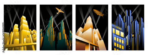 Art Deco Style Futuristic City Posters. Skyscrapers, Bridges, Spotlights. Vector Templates for Art Deco Posters, Placards, Covers, Illustrations