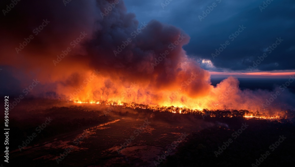 Fototapeta premium Aerial view of a large wildfire at night