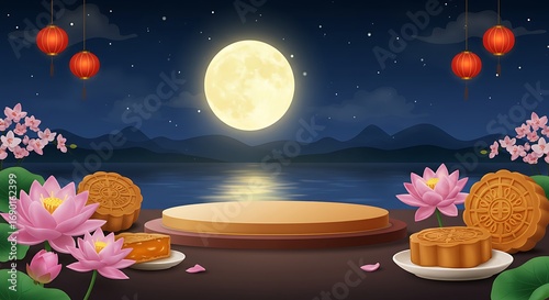 Mid Autumn Festival Celebration with Mooncakes and Lotus Flowers.