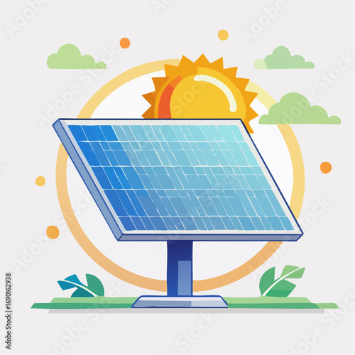 Solar Panel Illustration With Sun And Clouds