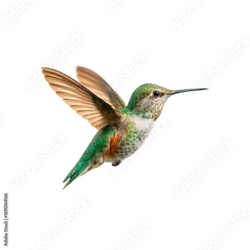 Allen's Hummingbird in Flight, Isolated on White Background
