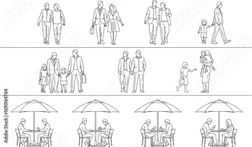 Vector vector art of architectural sketches of people and outdoor seating areas, transparent background