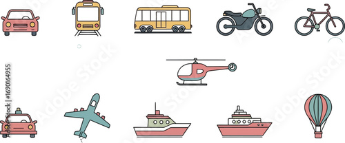 Transportation icons showcasing various modes including a car, bus, motorcycle, bicycle, helicopter, airplane, and boat