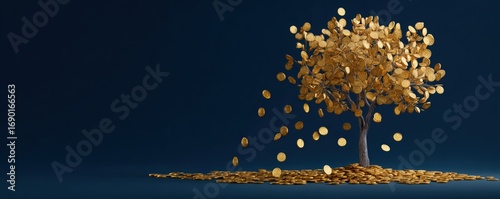 Golden coins form a tree with falling coins on a dark blue background