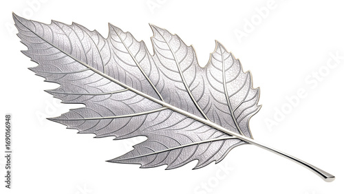 A finely detailed silver-colored decorative leaf with prominent veins and serrated edges, presented on a white background.