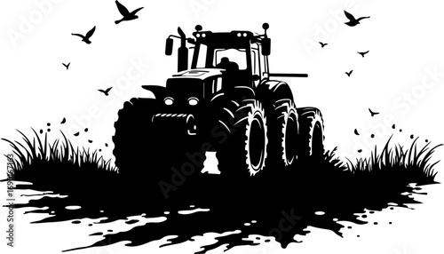 tractor silhouette in the field vector, tractor, farm, agriculture, red, machinery, agricultural, equipment, machine, vehicle, toy, transport, farming, field, isolated, green, truck, car, industry, fa