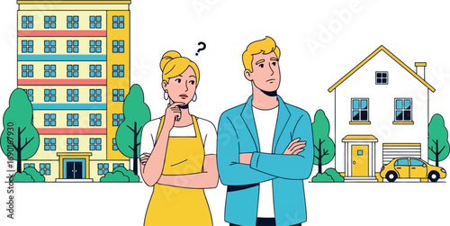 Vector vector art of couple deciding between apartment building and house transparent background