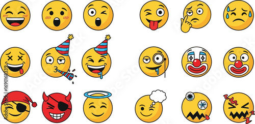 Collection of diverse emoji faces, expressing a wide range of emotions and expressions for digital communication and social media use