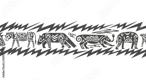 Tribal animals border design featuring elephants, zebras, and wild boars with abstract patterns