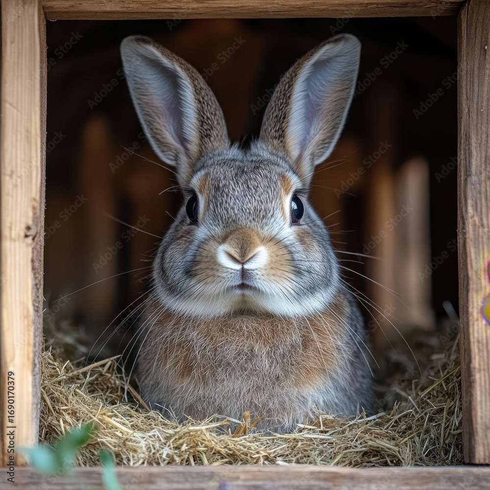 Fototapeta premium Rabbit in a wooden box with hay.