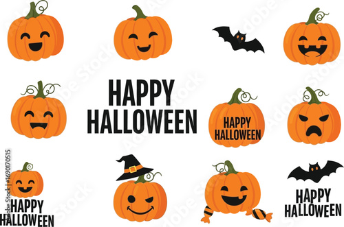 A delightful collection of halloween icons, featuring pumpkins, ghosts, bats, and the cheerful greeting happy halloween