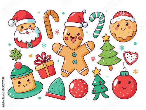 Adorable kawaii christmas characters and ornaments festive holiday fun illustration