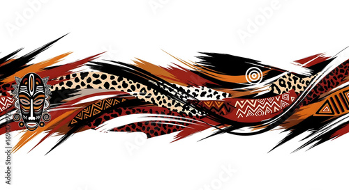 Vibrant tribal mask and patterns create a dynamic abstract border with rich earthy colors and animal prints