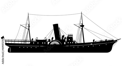 Silhouette of a Detailed Vintage Paddle Steamer Ship.