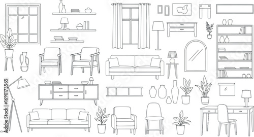 Vector vector art of collection of handdrawn furniture and home decor elements, transparent background