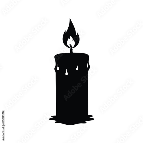 Monochrome depiction of a lit candle with dripping wax in silhouette, candle flame icon silhouette vector illustration
