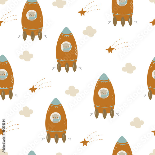 A seamless pattern with a bear in a rocket. Digital paper, for surface design, kids clothing, print