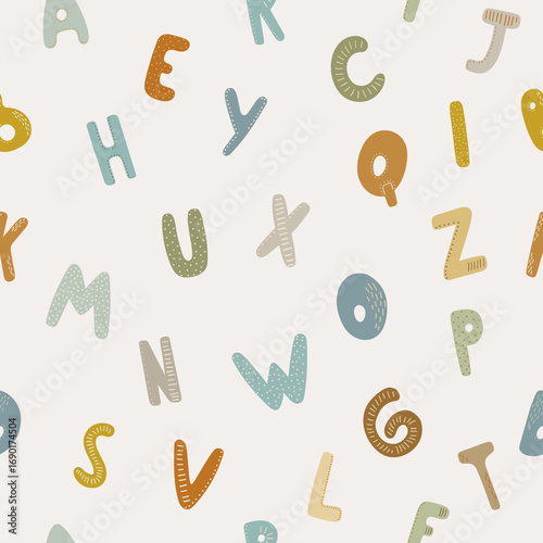 Seamless pattern with multicolored letters of the English alphabet. Digital paper, for surface design, kids clothing, print