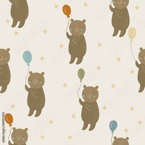 Seamless pattern with a cute bear and balloons. Digital paper, for surface design, kids clothing, print