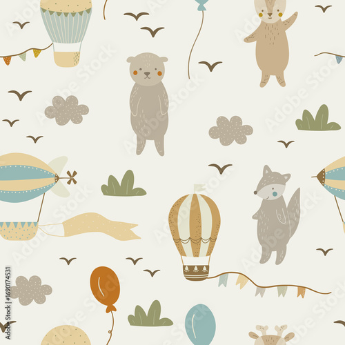 Seamless pattern with hot air balloons and cute animals. Digital paper, for surface design, kids clothing, print