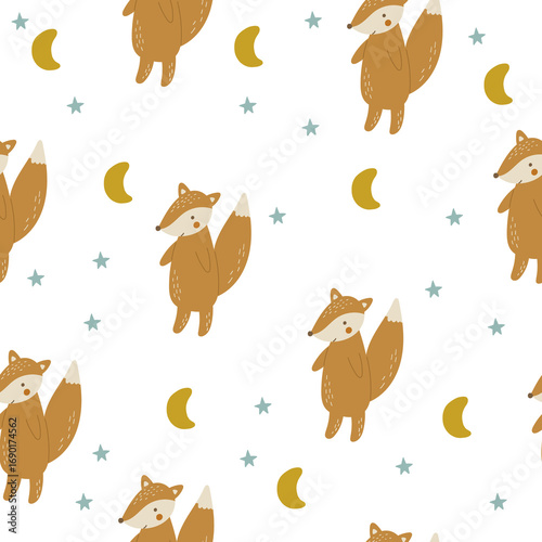 Seamless pattern with a cute fox, stars, and moon. Digital paper, for surface design, kids clothing, print