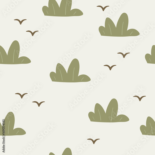 Seamless pattern with green bushes and birds. Digital paper, for surface design, kids clothing, print