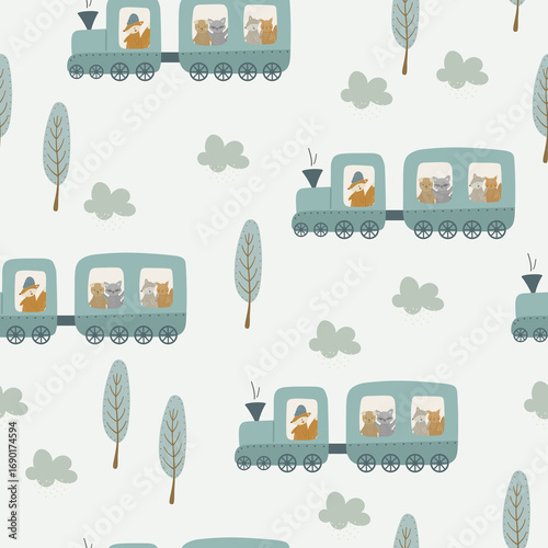 A seamless pattern with a steam train, animals, trees, and clouds. Digital paper, for surface design, kids clothing, print