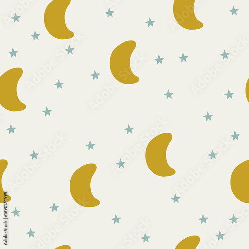 Seamless pattern with a yellow moon and blue stars. Digital paper, for surface design, kids clothing, print