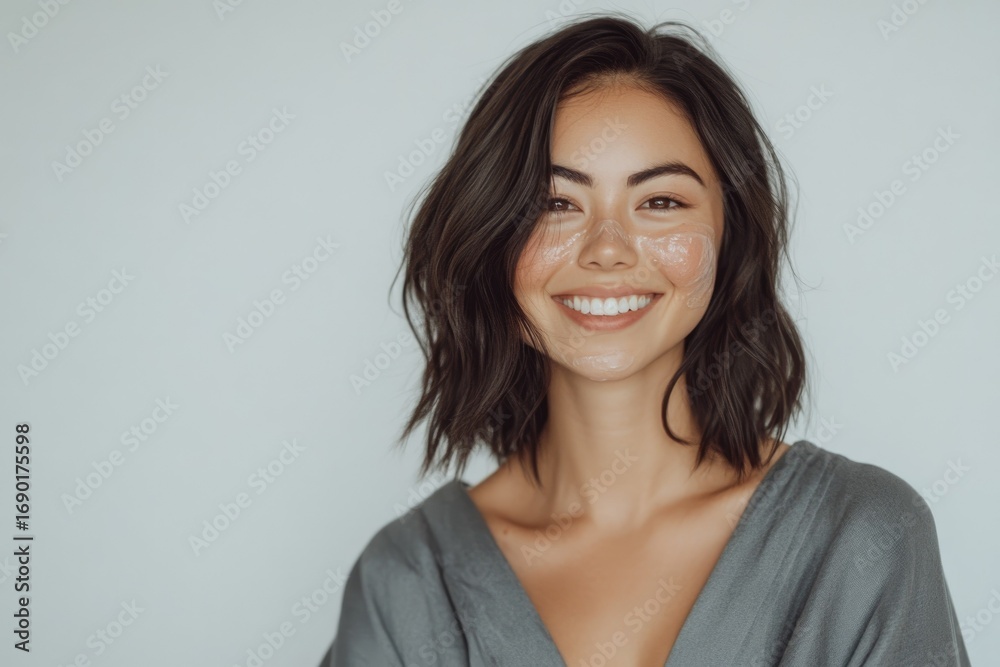 Fototapeta premium A young woman with short, wavy hair smiles, wearing a face mask, showcasing healthy skin and natural beauty.