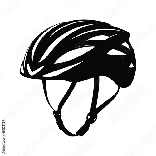 Black and white silhouette illustration of bicycle helmet with straps, isolated background, cycling helmet silhouette vector illustration