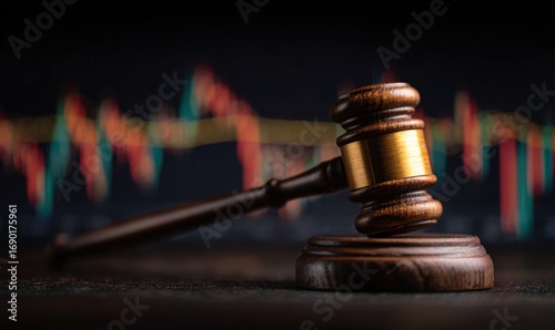 Judge's gavel on dark background with blurred financial data