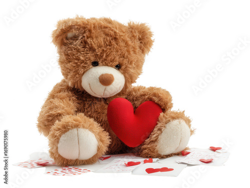 Brown teddy bear sits holding a red heart on top of cards scattered with red hearts and text