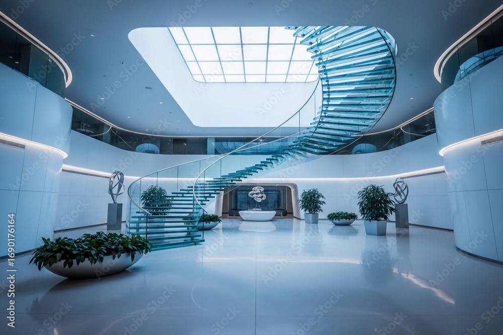 Fototapeta premium Modern Interior Design Glass Spiral Staircase Lobby Skylight Architecture