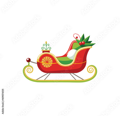 Festive red christmas sleigh with green accents for holiday cheer and santa claus