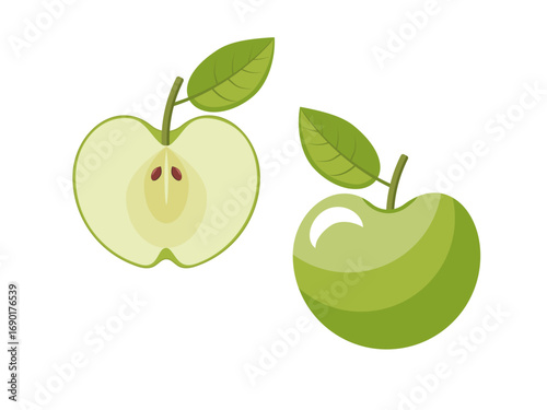 Fresh green apple, green apple in section. Vector icon. Flat design.