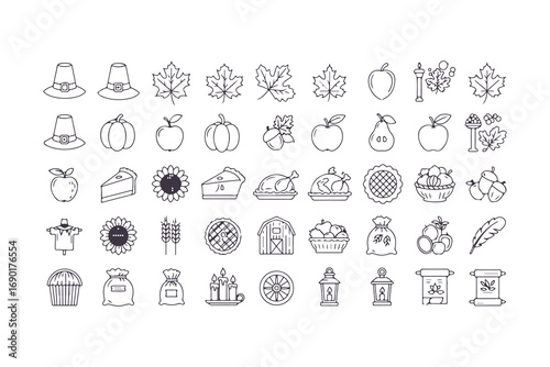 Thanksgiving and Autumn line icon set. Collection of vector outline symbols for the fall harvest, including pumpkin, turkey, and pilgrim hat.