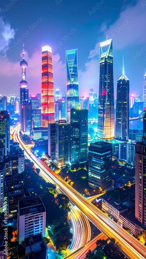 Fototapeta premium Night cityscape of towering illuminated skyscrapers