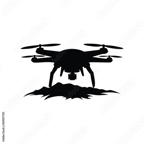 Silhouette of a Drone Hovering Above Jagged Terrain in Black and White, drone flying in sky silhouette vector illustration