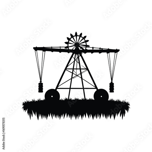 Silhouette of center pivot irrigation system amidst greenery, symbolizing agricultural innovation, farm irrigation system silhouette vector illustration