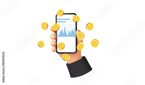 Hand Holding Smartphone with Financial Chart and Falling Coins, Mobile Investment and Earnings Concept