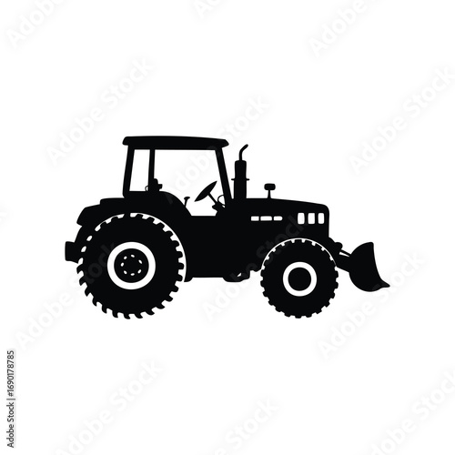 Black silhouette of a tractor with a front loader attachment isolated, farm tractor with plow silhouette vector illustration