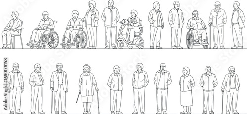 Vector vector art of collection of line drawing figures of people and people in wheelchairs transparent background