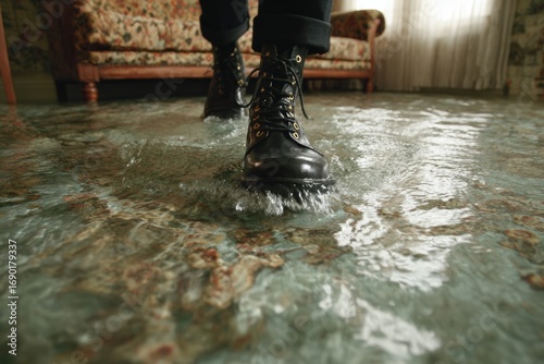 Person walking through flooded room